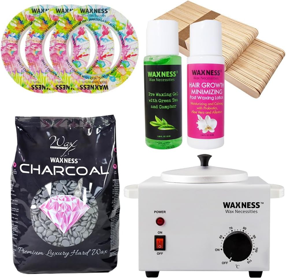 Waxness Charcoal Wax Starter Kit with Metallic Heater, 1.1 lb (500 g) Stripless Hard Wax Beads – Professional Use – Made in Italy