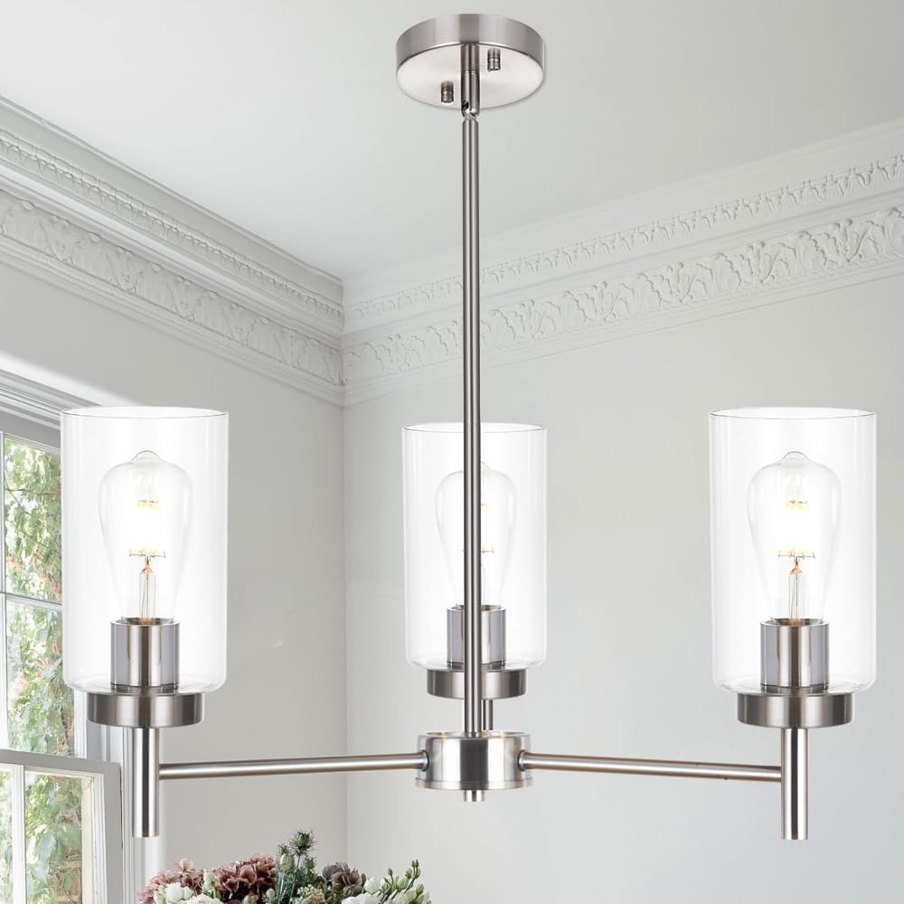 TODOLUZ 3-Lights Clear Glass Chandelier in Brushed Nickel, Farmhouse Dining Room Pendant Lighting Over Table for Kitchen Island Foyer, E26 Bulb Base