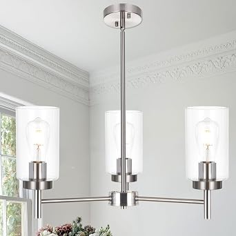 TODOLUZ 3-Lights Clear Glass Chandelier in Brushed Nickel, Farmhouse Dining Room Pendant Lighting Over Table for Kitchen Island Foyer, E26 Bulb Base