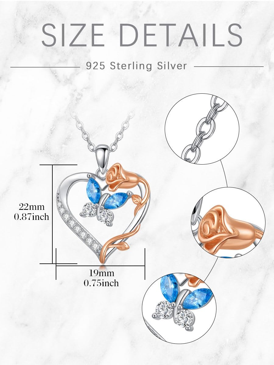TOUPOP Schmetterling Kette Herz Rosa Kette für Damen 925 Sterling Silber Herz Schmetterling Schmuck Geschenk für Damen Schwester Freundin Mama Weihnachtengeschenk Geburtstagsgeschenk