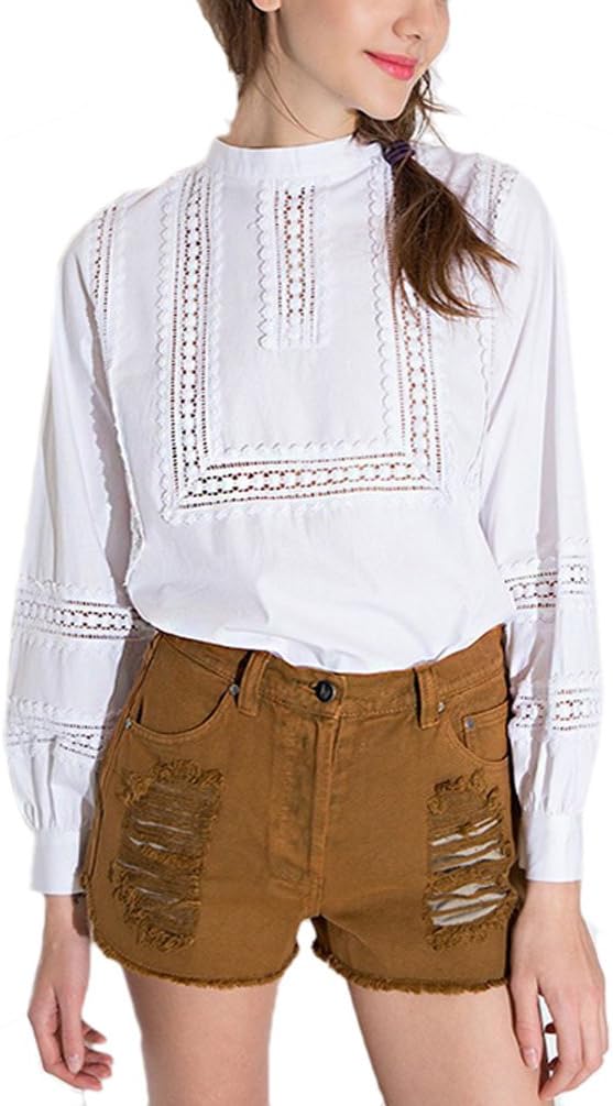Gressa Women's Puff Sleeves Eyelet Lace Crochet Peasant Loose Shirt Blouse Top US/6