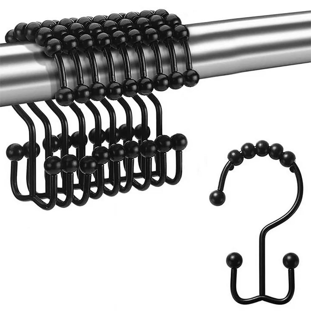Rubik 12pcs Shower Curtain Rings, Double Glide Stainless Steel Roller Hooks Rustproof Metal for Bathroom Shower Curtain Rods (Black)