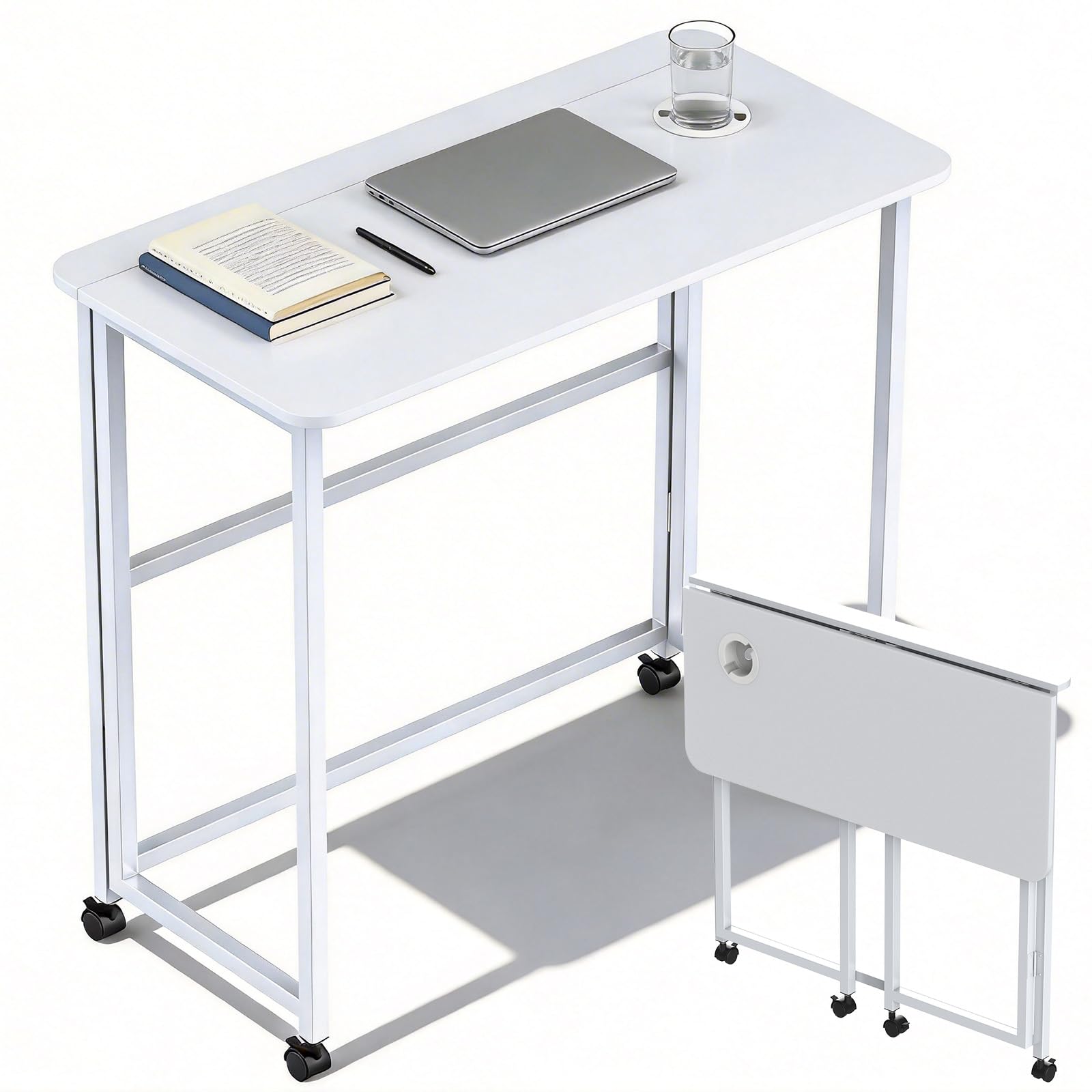 Huracan Klappschreibtisch, Kleiner Schreibtisch Klappbar mit Rollen, Höhenverstellbar 80x40x74 cm, Multifunktionaler Schreibtisch für Home Office, Arbeiten & Hobbys, Ergonomisch, Platzsparend, Weiß