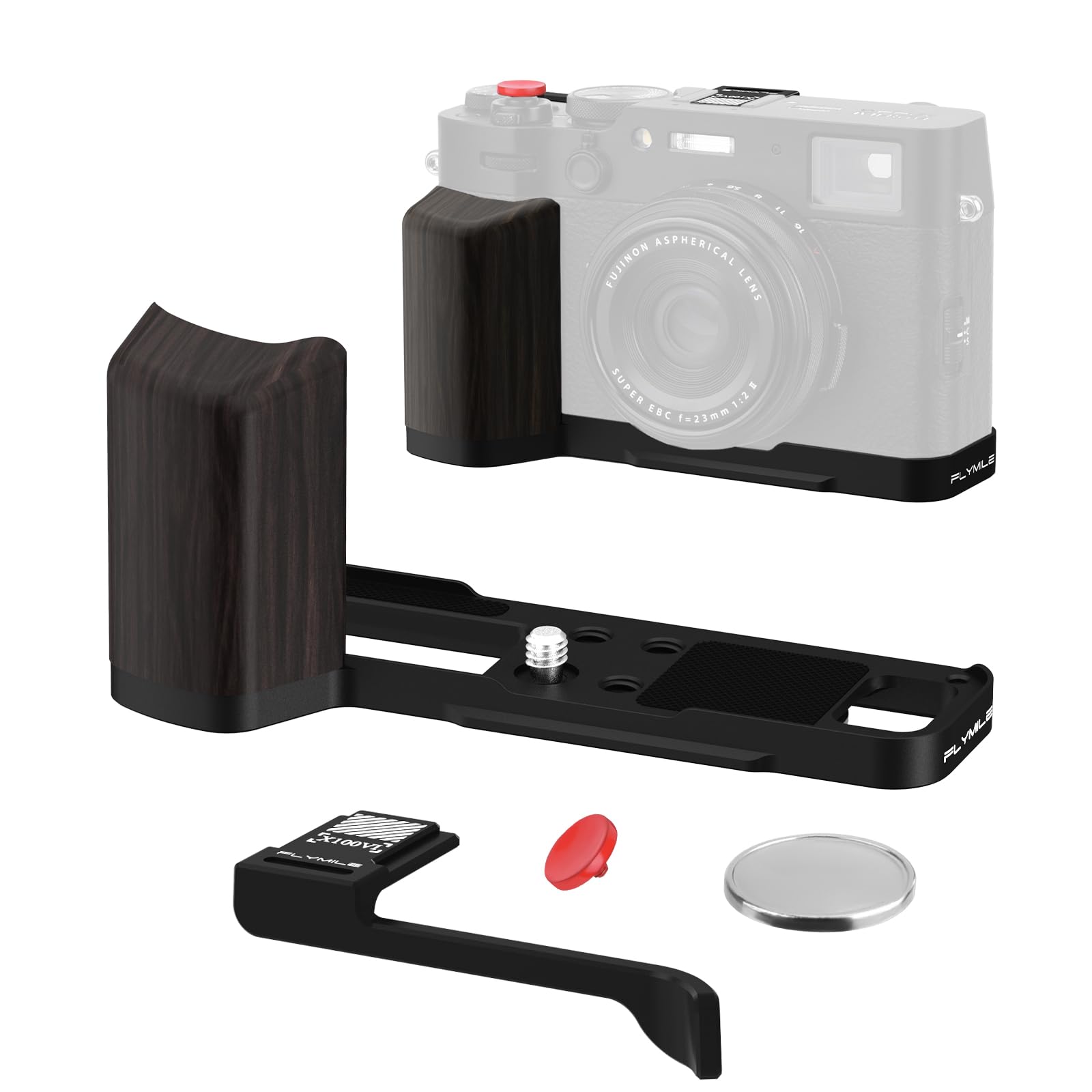 BRDRC Accessori Grip per FUJIFILM X100VI / X100V, maniglia a forma di L con piastra Arca-Swiss a sgancio rapido e copertura per pollice in metallo Hot Shoe e 2 pulsanti di scatto Fuji X100VI / X100V