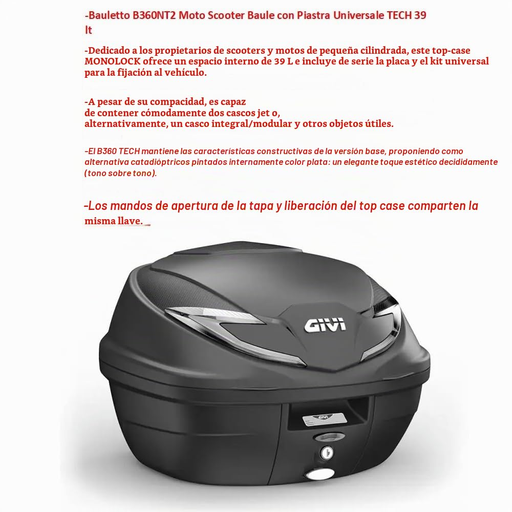 Compatible con Yamaha X-MAX 125 BAÚL Top Case B360NT2 Tech Maleta DE 39 litros+Kit DE FIJACIÓN AL PORTAEQUIPAJES Trasero DE Motocicleta TOPCASE+Placa para 2 Cascos
