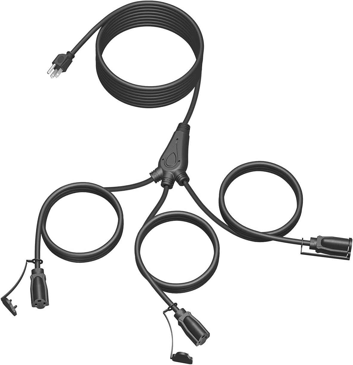 28Ft Outdoor Extension Cord, 1 to 3 Splitter Heavy Duty Weatherproof Power Cord, 16/3 SJTW, 3 Grounded Outlets Flat Plug for Patio, Garden Displays, Christmas Lights Black