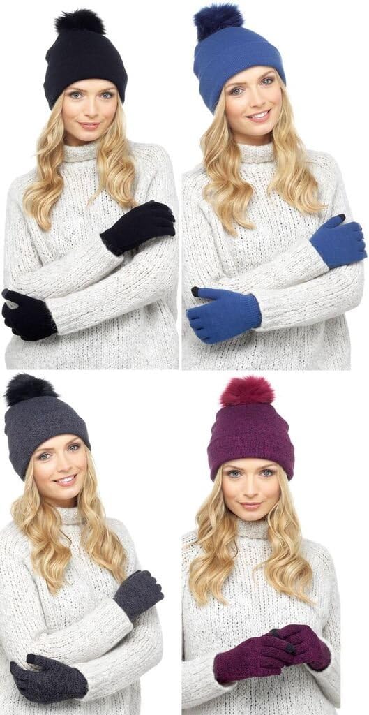 Womens New Winter Bobble Hat And Touch Screen Gloves Black Blue Grey Purple by ClothingLogic
