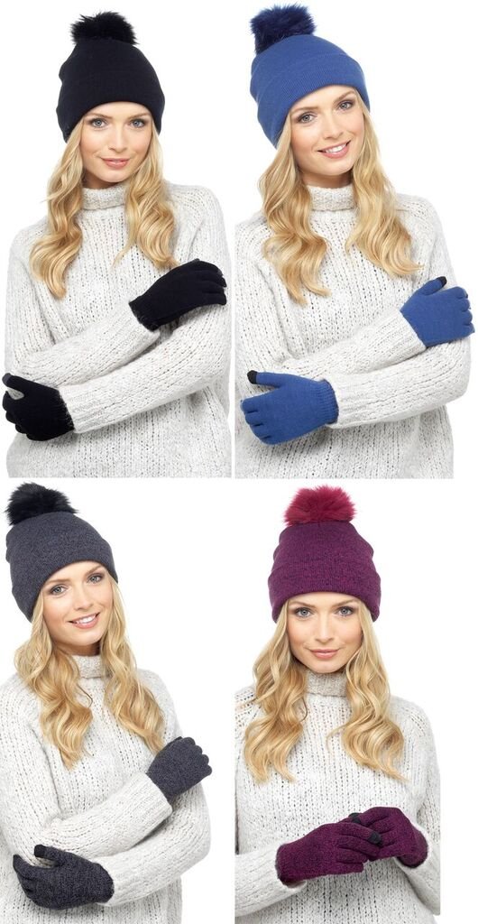 Womens New Winter Bobble Hat And Touch Screen Gloves Black Blue Grey Purple by ClothingLogic
