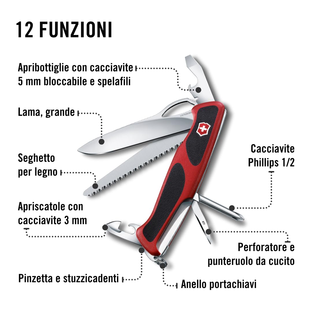 Victorinox, coltellino svizzero Ranger Grip 78, 12 funzioni, lama bloccabile a una mano, colore rosso/nero