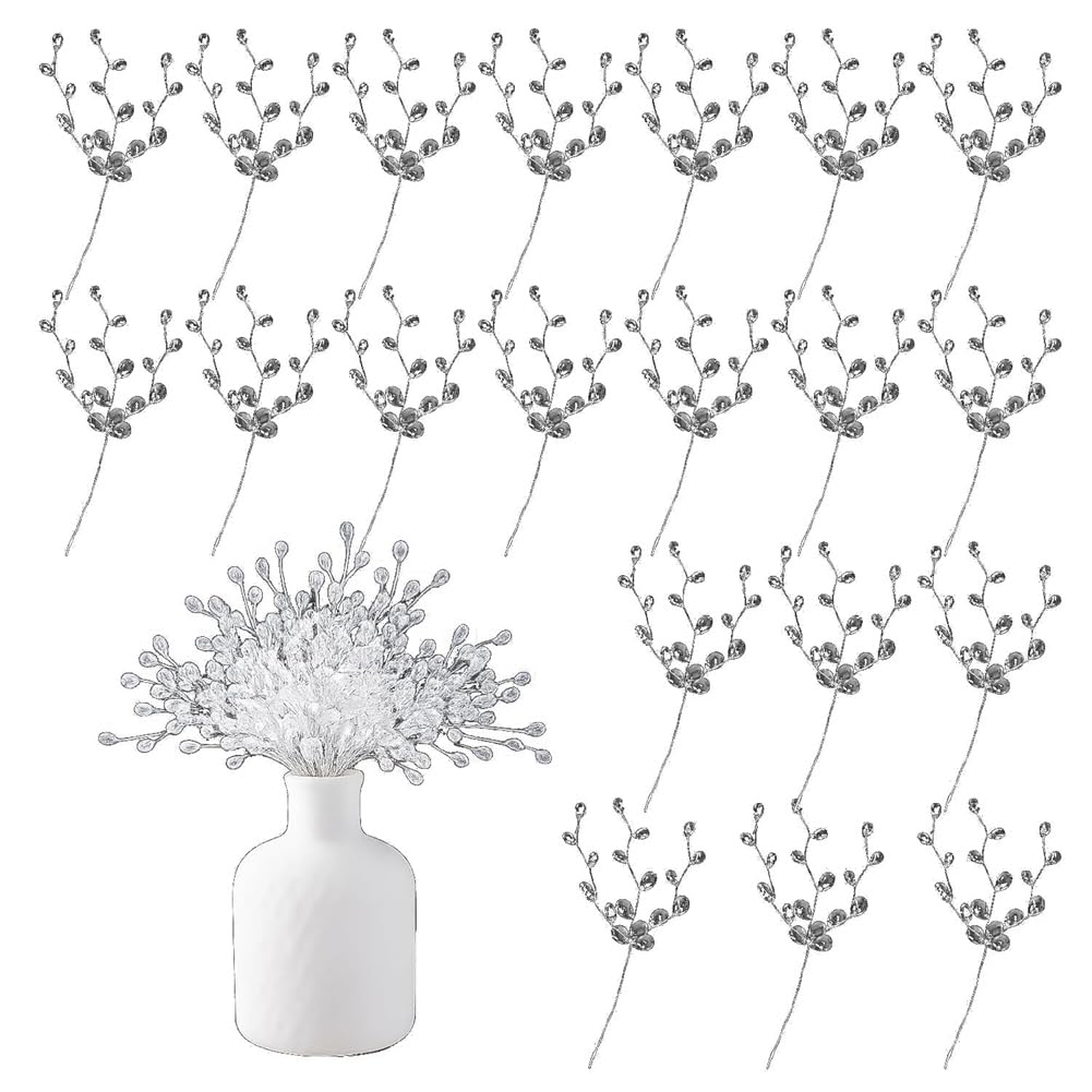 Duanthry 20PCS Acrylic Crystal Glitter Flower Branches- Floral Picks Arrangement for Wedding, Christmas, Thanksgiving