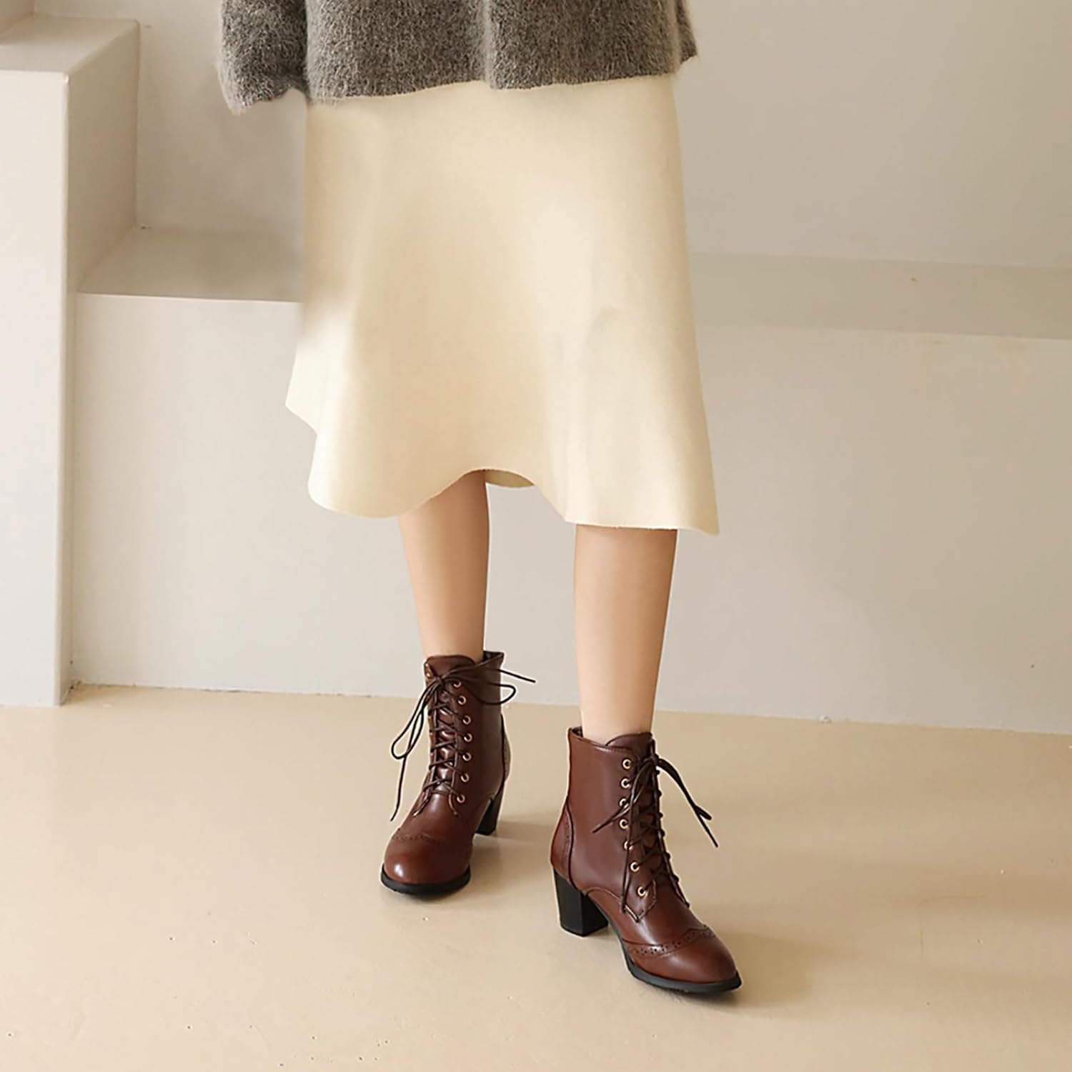 Uniquelly Womens Wingtip Booties Chunky Heel Ankle Boots Lace Up Round Toe Vintage Comfortable Winter Shoes (brown,US9.5) - Image 7