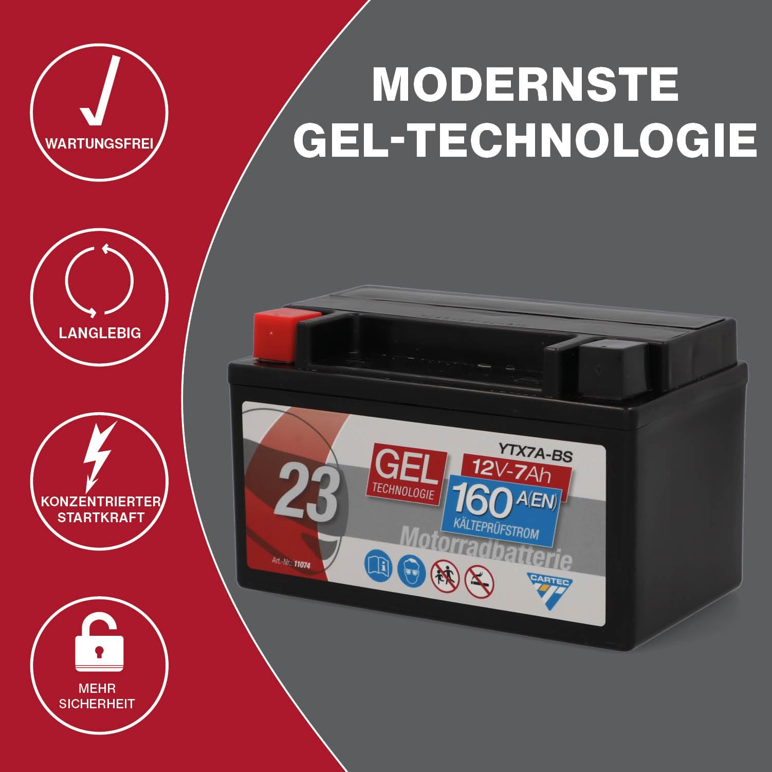 Batería de motocicleta CARTEC YTX7A-BS, 6Ah, 90A, batería de arranque de motocicleta con tecnología de gel, calidad OEM, ciclo profundo, almacenable, sin mantenimiento