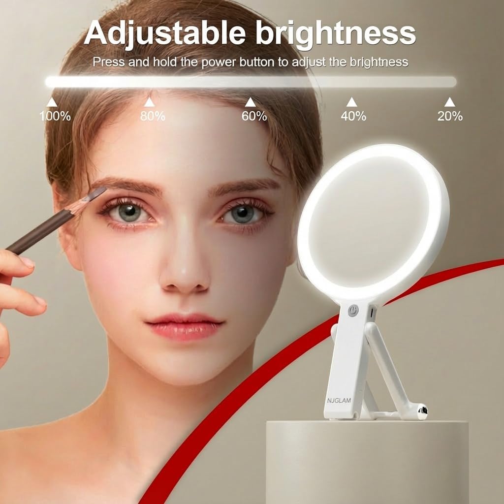 LED Lighted Makeup Mirror, Double Sided 1X/10X Magnifying Vanity Mirror with 3 Color Light Modes, USB Rechargeable Portable Cosmetic Mirror with Adjustable Stand, Tabletop, Handheld & Hanging