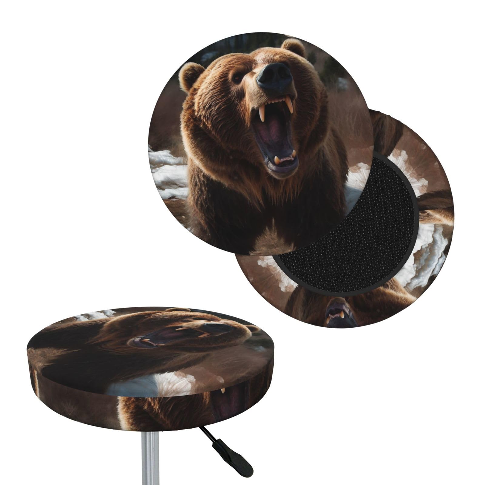 FekiLoot Roaring Bear Round Bar Stool Covers Stretch Washable Bar Stool Covers Dustproof Slipcover Bar Chair Covers with Elastic Band for Bar Kitchen Living Room Decor 14 Inch