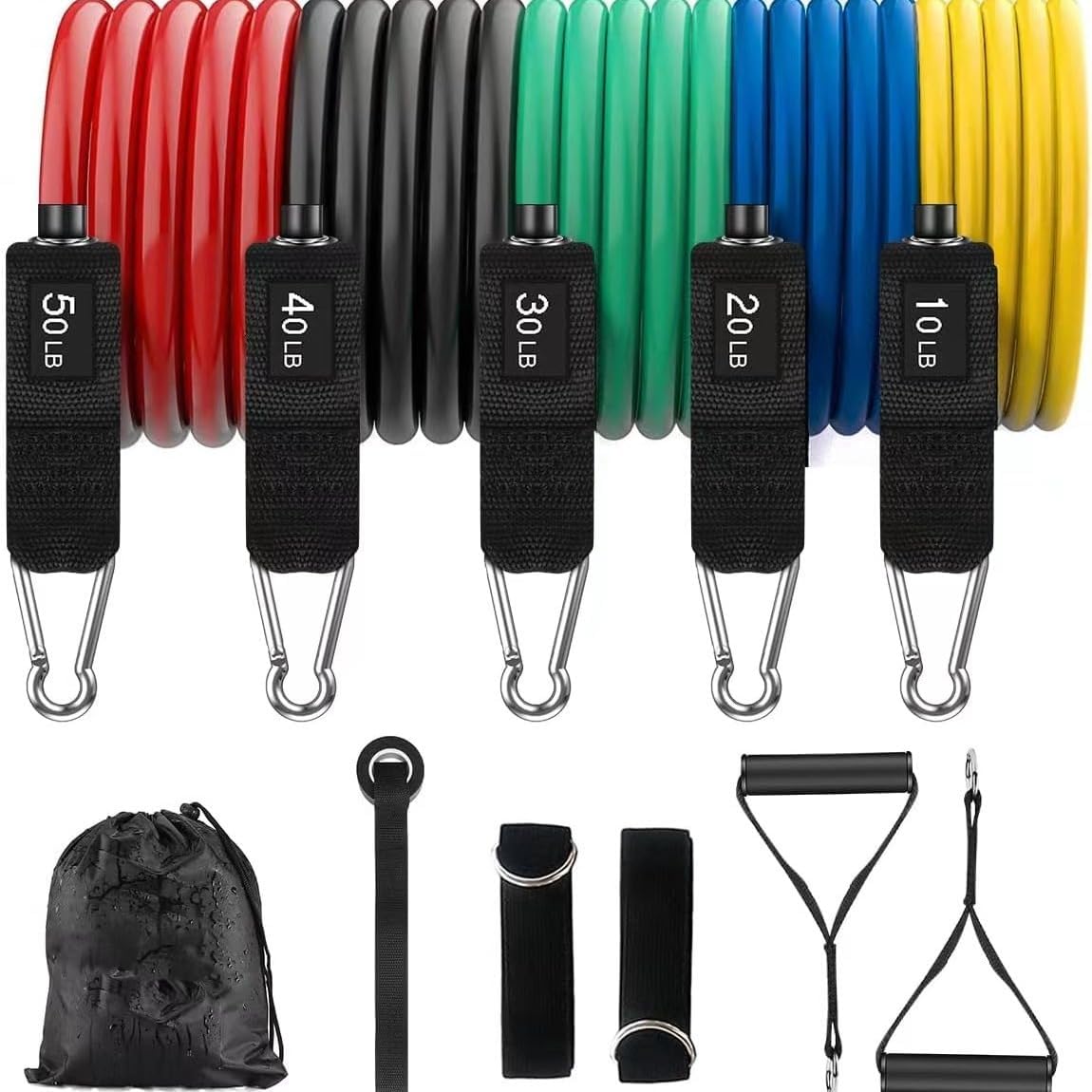 Resistance Bands Set, 5-Level Exercise Bands for Full Body Workout with Handles, Ankle Straps, Door Anchor and Carry Bag – Home and Gym Strength Training