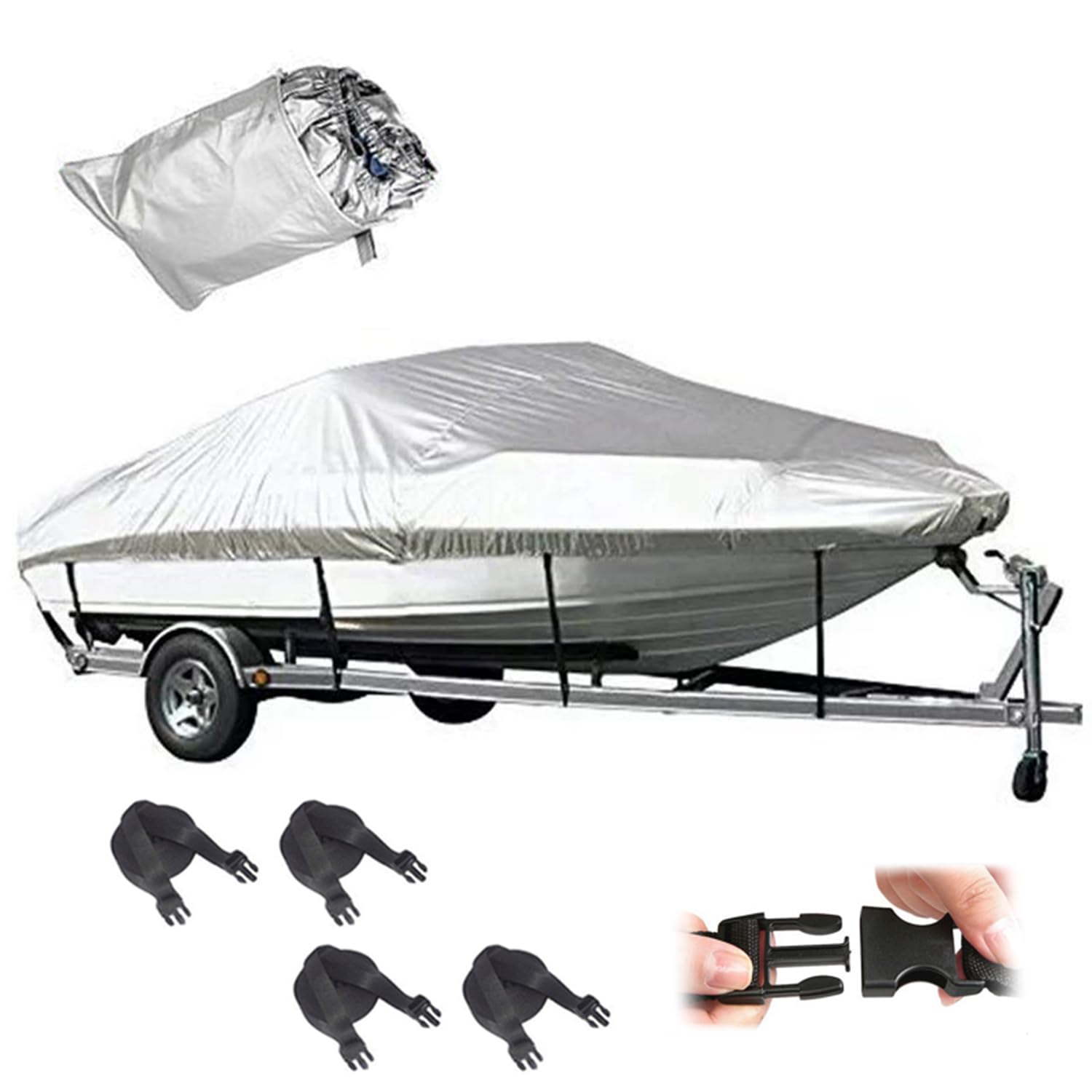 Bâche De Bateau pour Remorque,Très Résistante 210D,Housse De Bateau Imperméable,3 Couches Anti-UV,pour Yacht,Bateau De Pêche,Tri-Coque(Argent) (17-19FT：600 x 300cm)