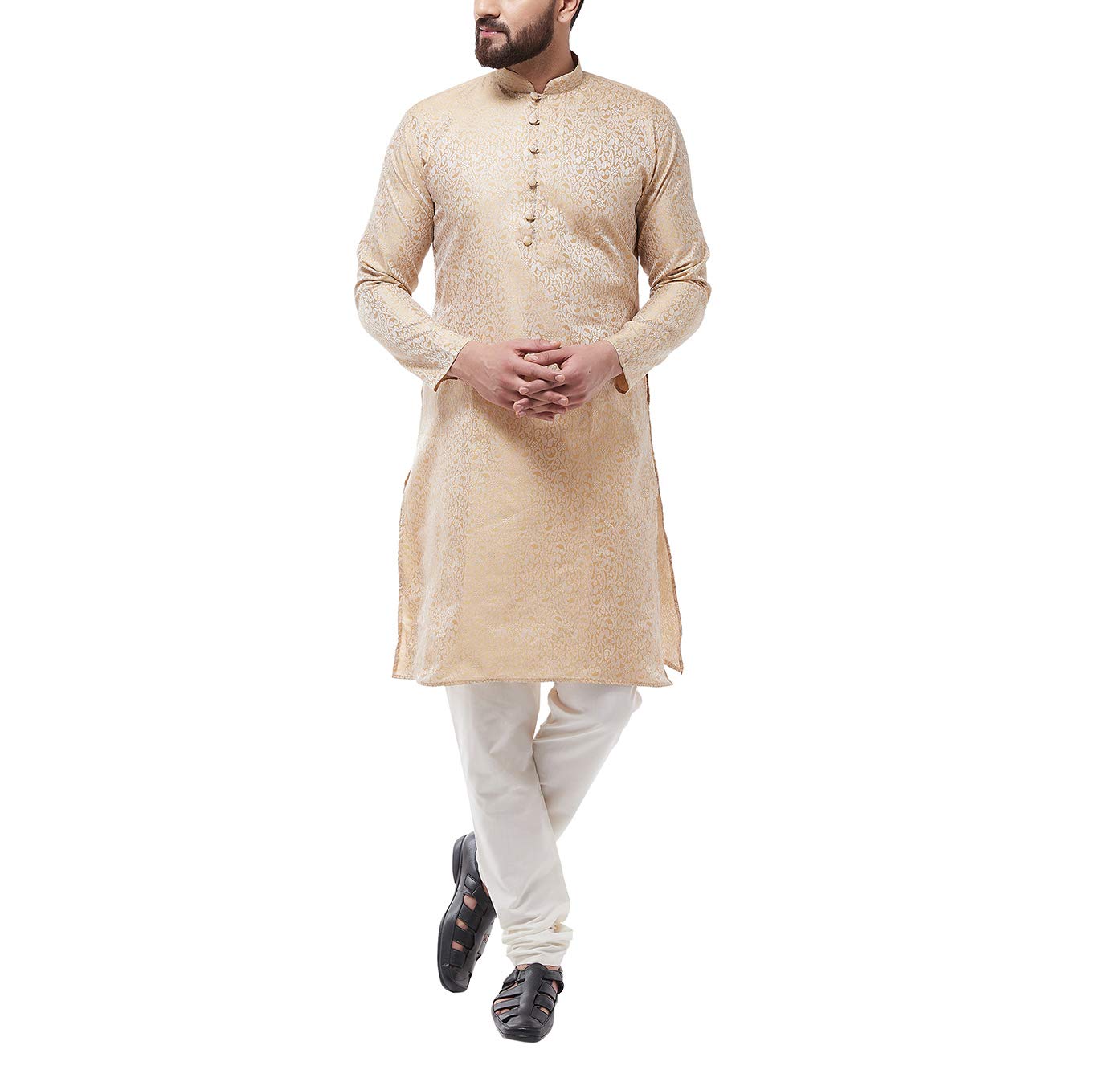 sojanya (Since 1958 Men's Silk Blend Gold Kurta & Off White Churidar Pyjama Set Size 40-picture-38