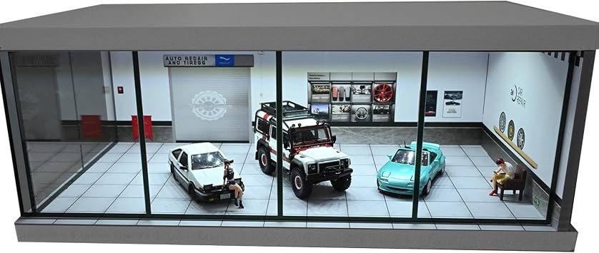 1:64 Diorama Garage Model, LED Lighting Parking Lot Display Case, Workshop Scene Model, for 1/64 Diecast Model Car Scene Display Storage, Model Car Display Box, Building Model(Repair Shop)
