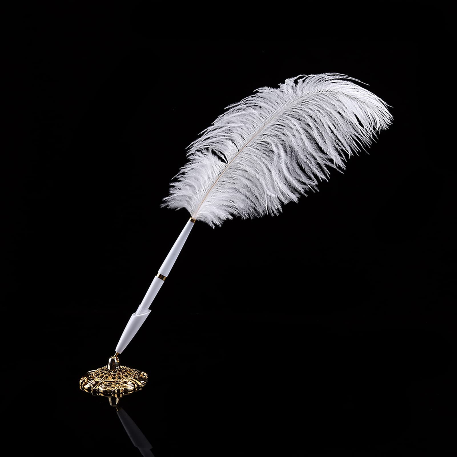 WGFOIP Ostrich Feather Pen, Gold Feather Signing Pen Swan Writting Pen with Metal Holder for Wedding Ceremony
