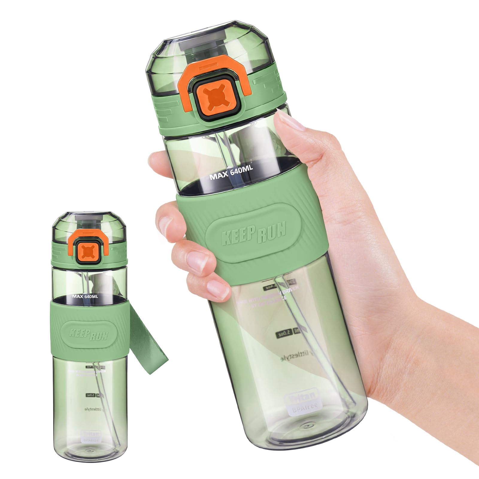 21.6 oz/640ml Plastic Water Bottles:BPA-Free Sports Clear Water Bottle with Straw for School Outdoor Travel (Green)