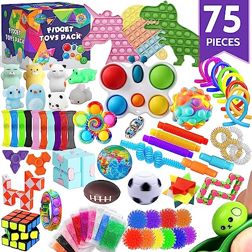 Sensory Fidget Toys Pack - 75Pcs Stress Relief And Anti Anxiety Toys For Kids - Cool Fidget Packs With Stress Balls, Fidget Cube, & More For Party Favors, Prizes, Travel, & Pinata Stuffers #TOP1