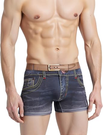 Meshal Mens Cotton Sexy Fake Jean Underwear Stretch 3D Denim Printed Personalized Boxer Briefs