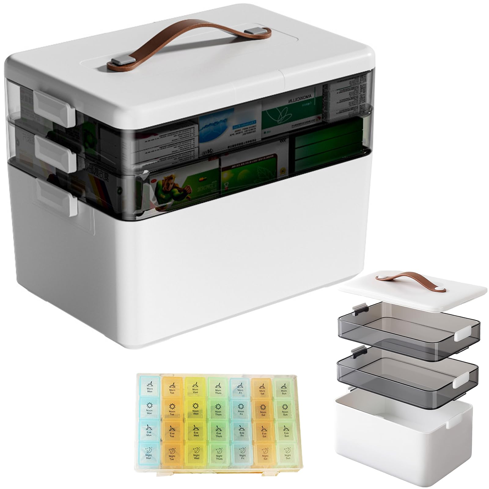 Scatola Medicinali 3 livelli Porta Pillole Viaggio Medicine Casa Contenitore di Pronto Soccorso con 7 Giorni e 4 Volte al Giorno, Organizer Medicinali Multi Griglia per la casa, all'aper