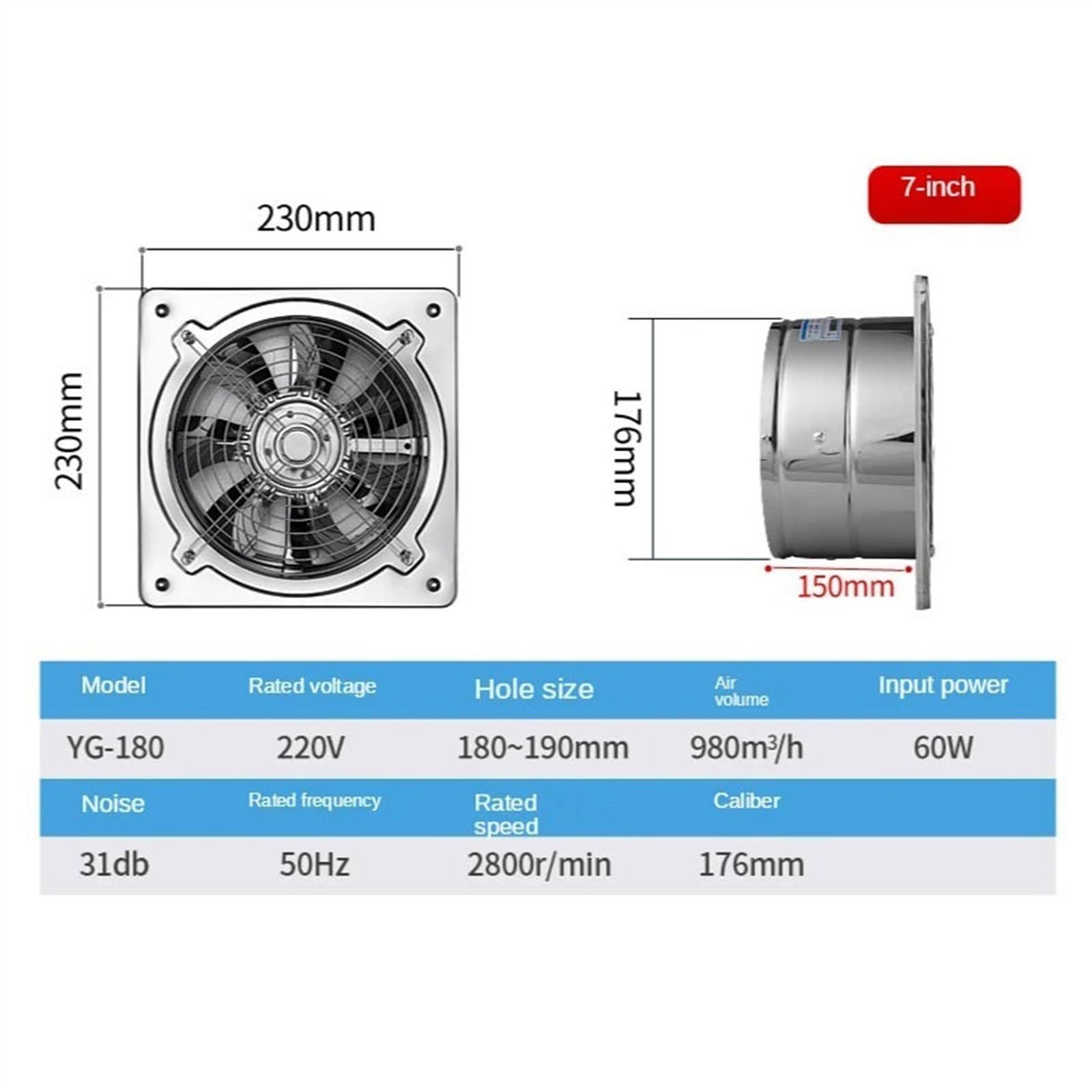 Ventilazione 6''7'' Booster Fan Estrattore Ventola di scarico Ventilatore for tubi ventilazione for bagno WC Cucina Parete Finestra(7inch)