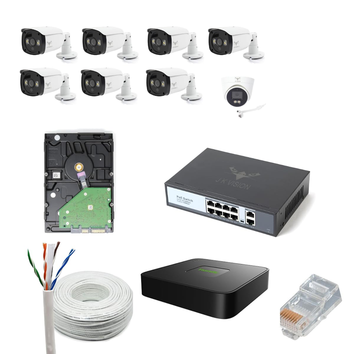 JK Vision 5MP CCTV IP Camera Full Set, 7 Bullet,1 Dome 10 Channel NVR, 8 Port POE, 1TB Hard Disk, Cat6 Cable, 16 RJ45 Connector-image-27