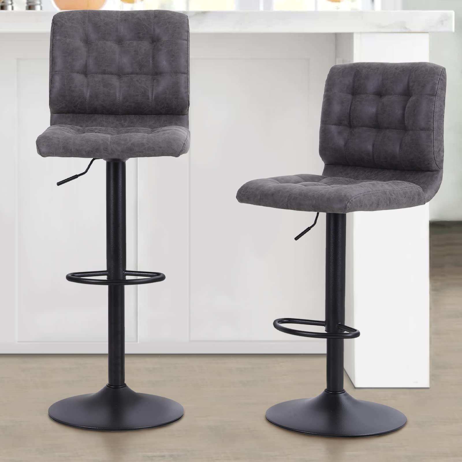 ALPHA HOME Bar Stools Set of 2 with Back, Adjustable Counter Height Bar Stools with PU Leather Seat, Armless Swivel Barstools for Island Kitchen, Grey, 2PCS