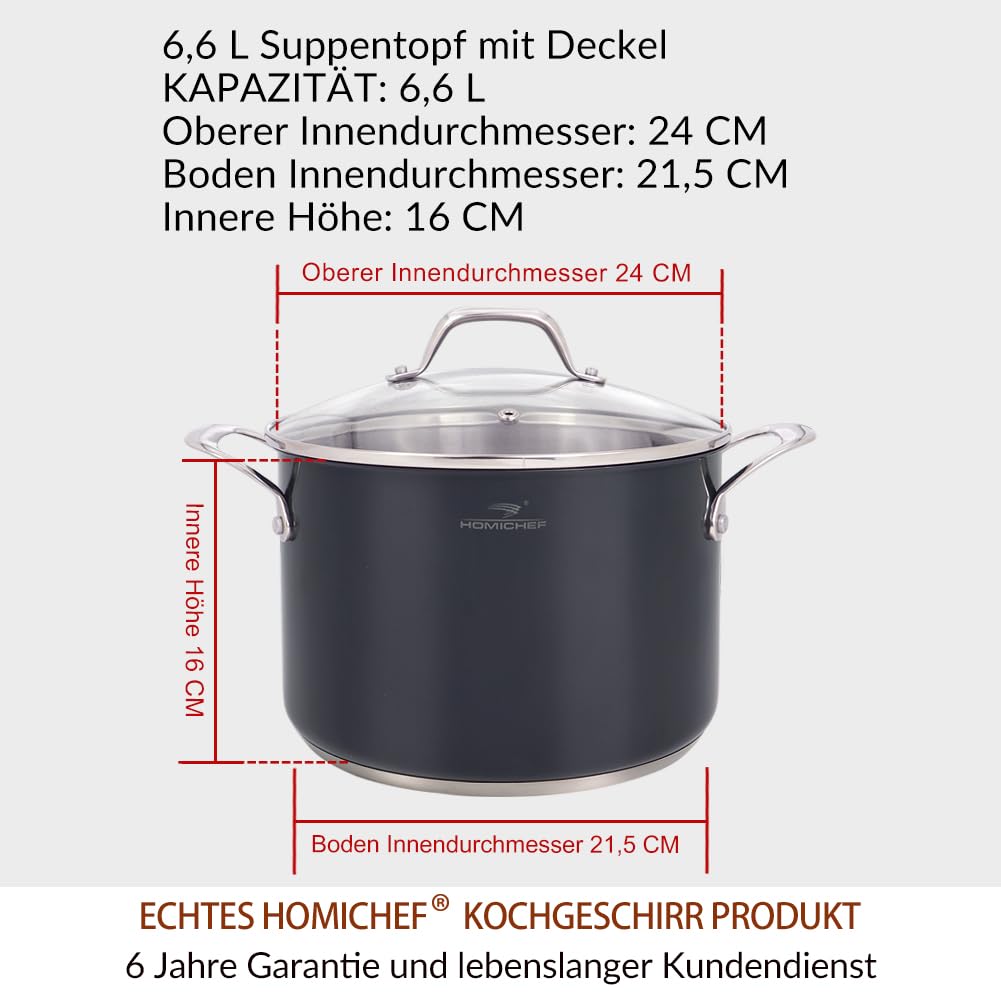 HOMICHEF Marinegrau, nickelfreier Suppentopf aus Edelstahl, 6,6 L, mit Glasdeckel (ungiftige Antihaftbeschichtung, 24 cm) – Kochgeschirr-Set aus Edelstahl – ungiftiger 6,6-L-Suppentopf mit Deckel