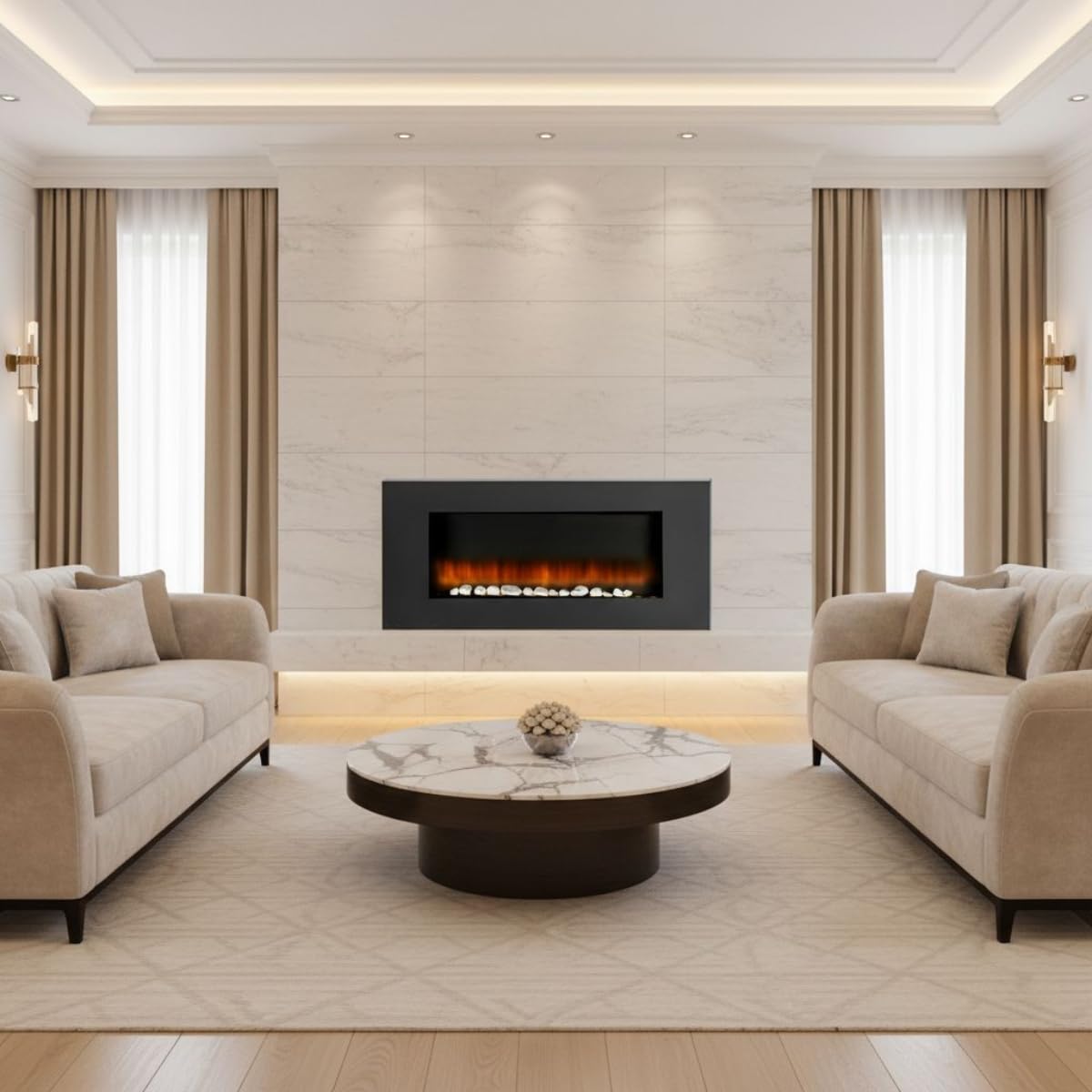 Vancouver Elektrokamin mit Heizung - Elektroheizung 105,5 x 48 x 12 cm - Elektroherd mit LED-Flammen - mit Heizung, Fernbedienung und Timer - 2000 W - Wandmontage - Schwarz