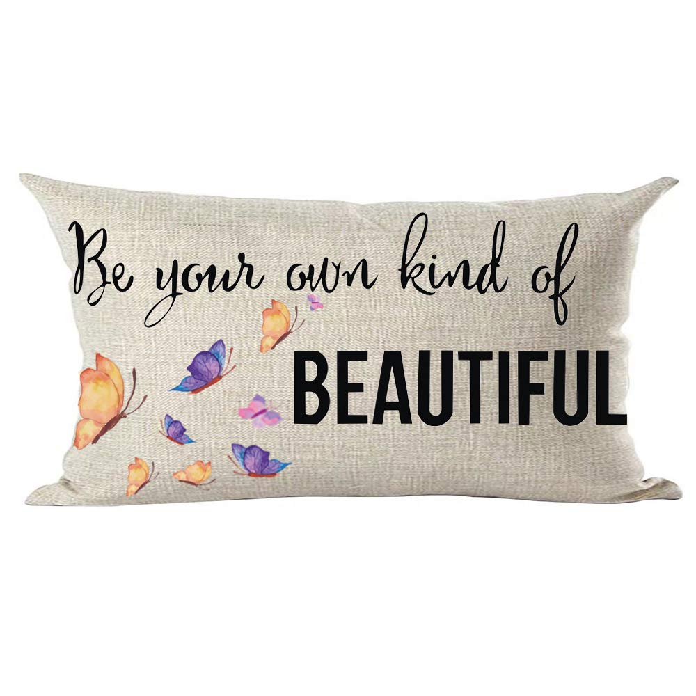 Ramirar Watercolor Colorful Purple Butterflies Quote Be Your Own Kind of Beautiful Decorative Lumbar Throw Pillow Cover Case Home Living Room Bed Sofa Car Cotton Linen Rectangular 12 x 20 Inches