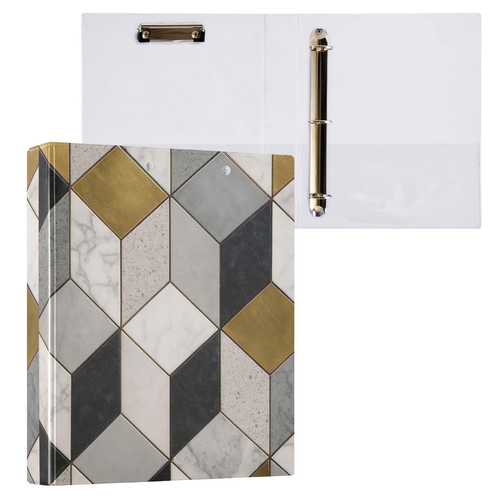 Carpeta de 3 anillos, carpeta de anillos en D de mármol dorado, blanco y gris, paquete de 2 | Con portapapeles y bolsillos, para escuela, universidad, oficina