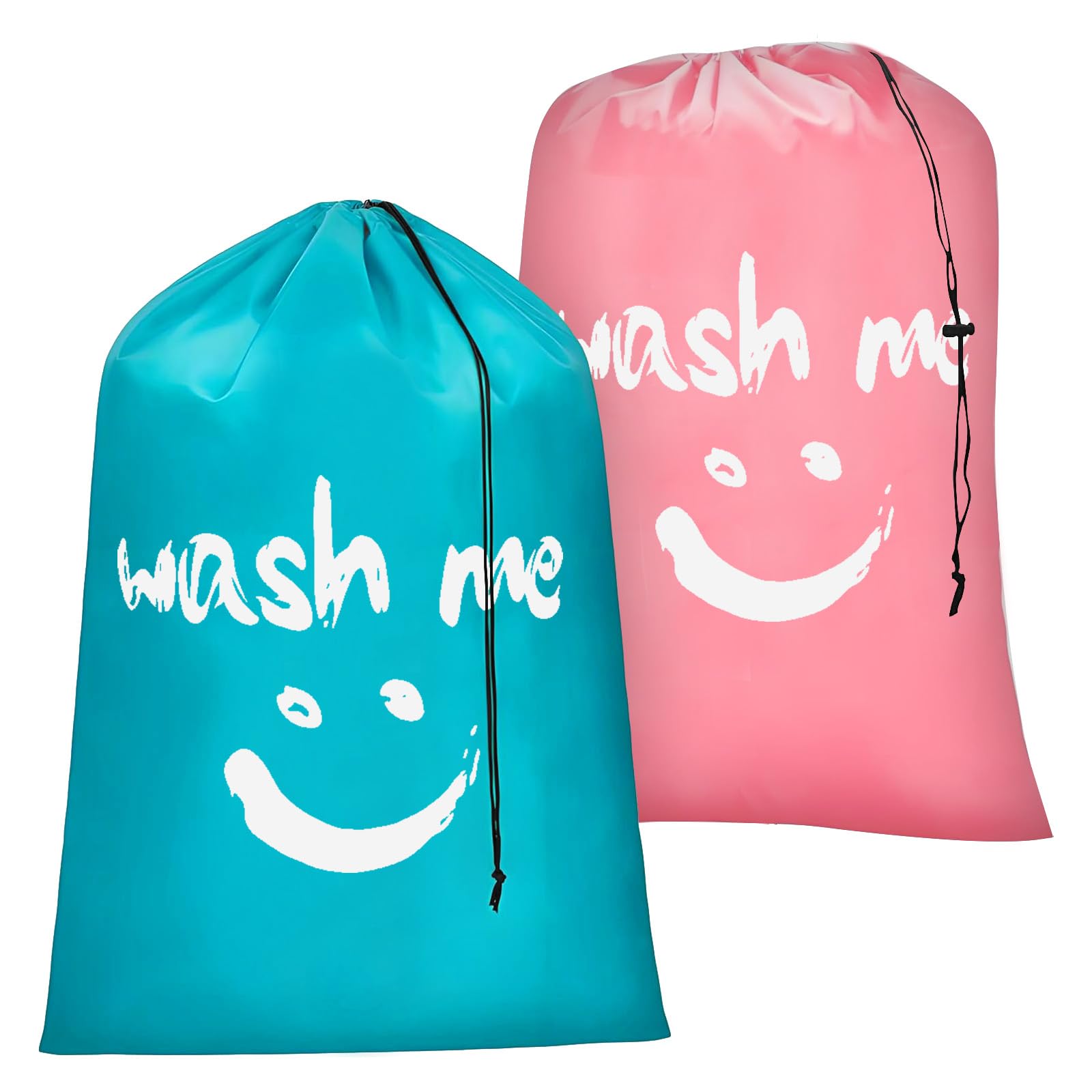 2 Pack Large Laundry Bags,24"" x 36"" Portable Travel Laundry Bag with Drawstring Cord,Travels Laundry Bags for Dirty Clothes, Ideal for Travel, Home, Dormitory (Smile(Cyan + Pink))