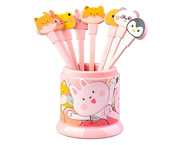 FunBlast Fruit Fork for Kids Pack of 8 Pcs Fork Set with Stand, Plastic Cartoon Fruit Fork, Colourful Toothpick for Fruits, Dessert and Cake for Children (Pink)