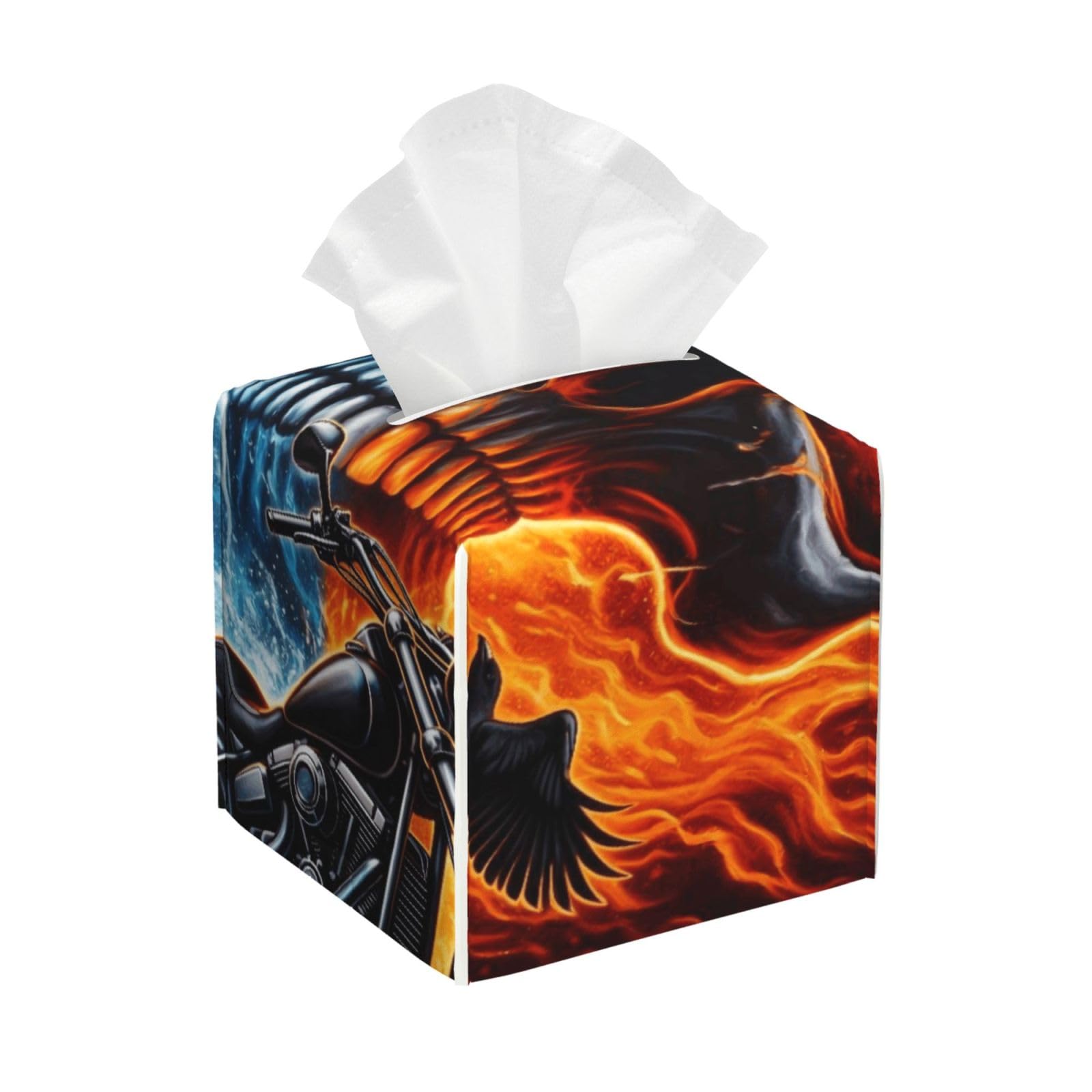 Skull Flames Motorcycle Crow Leather Tissue Box Cover Holder Square Facial Paper Organizer 5.2" X 5.2" X 5.2"