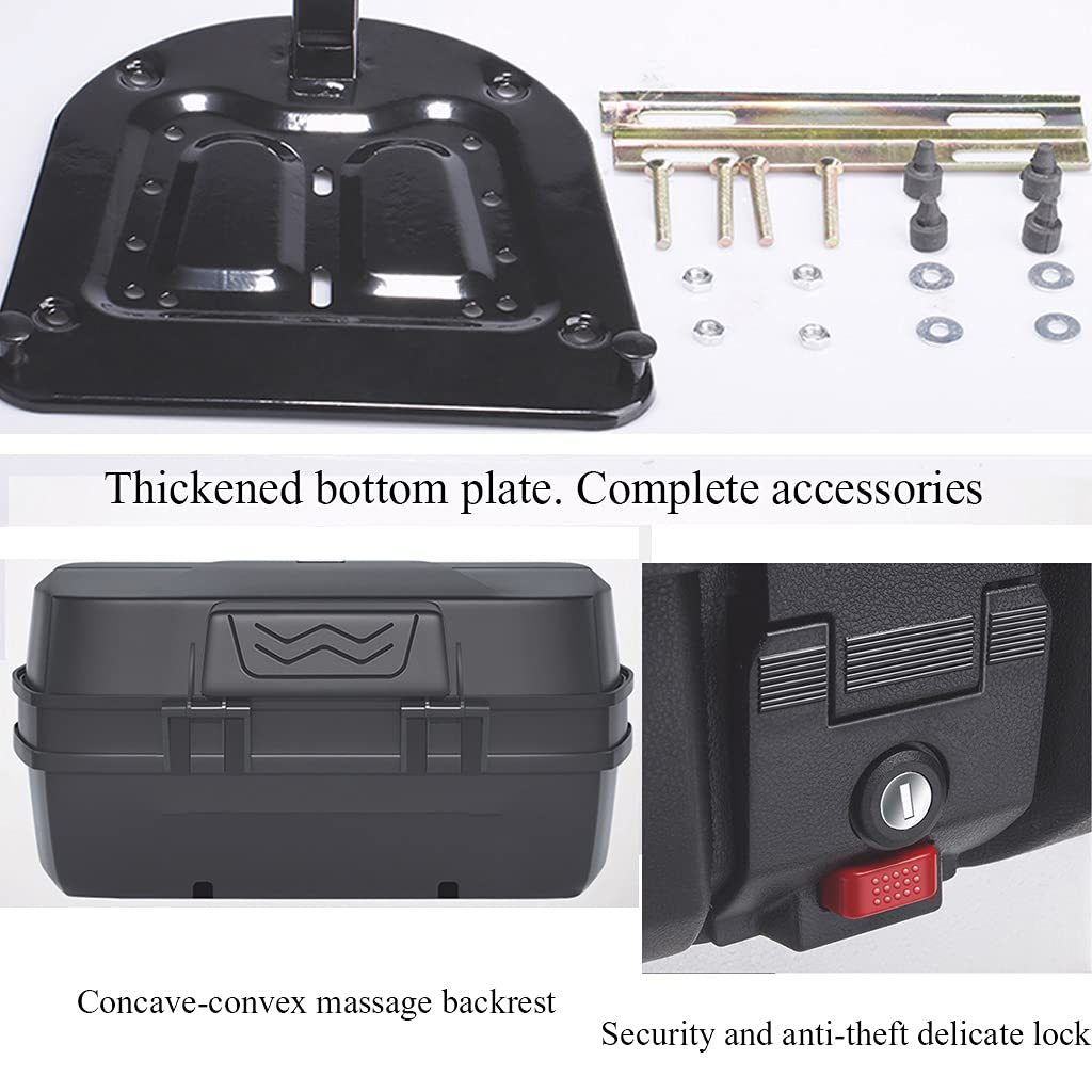 Top Case de moto 45 L résistant à l'usure et aux rayures avec feux d'avertissement nocturnes et dossier de massage concave-convexe Coffre de coffre arrière de moto scellé et étanche/décoration bleue