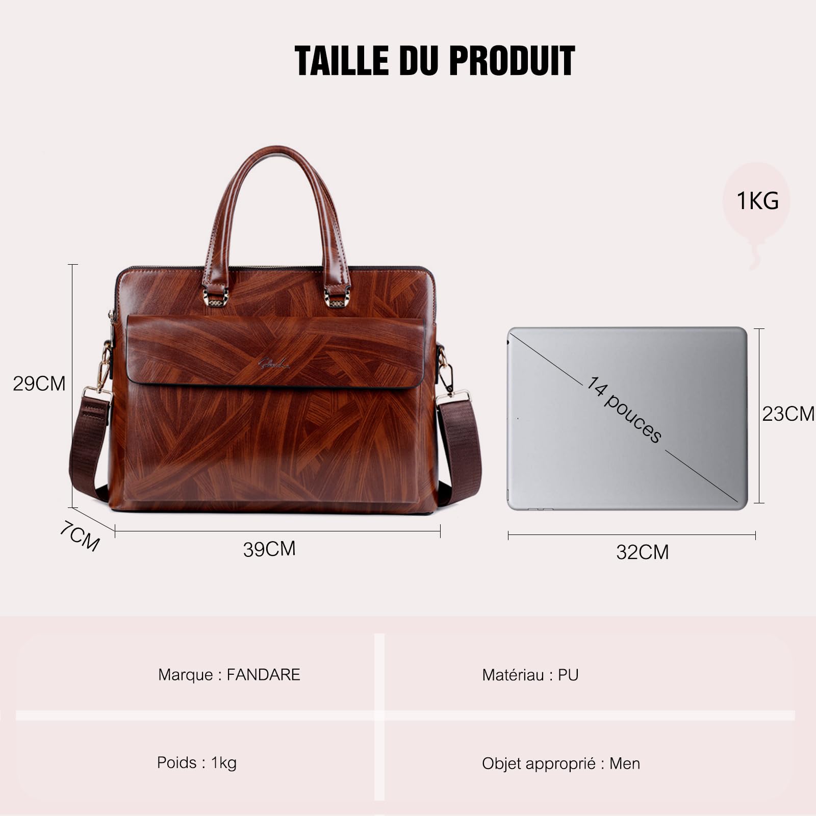 FANDARE Rétro Mallette Sacs pour 12.9 Pouces ordinateur portable Sacoches Homme cuir à grain de bois classique Porte-documents Cartable Serviette Portefeuille Sac messenger pour bureau, voyages