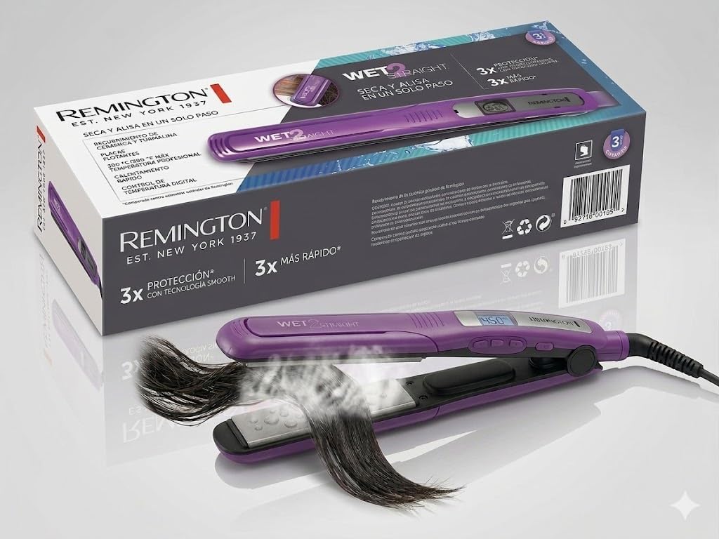 Remington Wet 2 Straight Hair Straightener 1- Inch Flat Iron with Ceramic Tourmaline Plates. 390 F High Heat & Digital Controls Purple