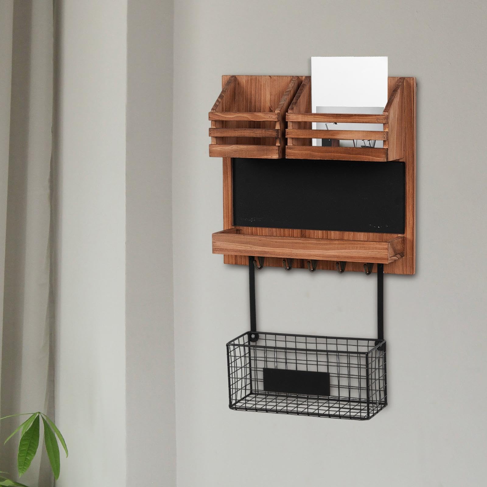 Wand Organizer Korb im Vintage Landhausstil für den Eingangsbereich | Schlüsselaufhängung. Platzsparende Lösung für Schlüssel, Akten etc. Briefablage mit Schlüsselhaken.