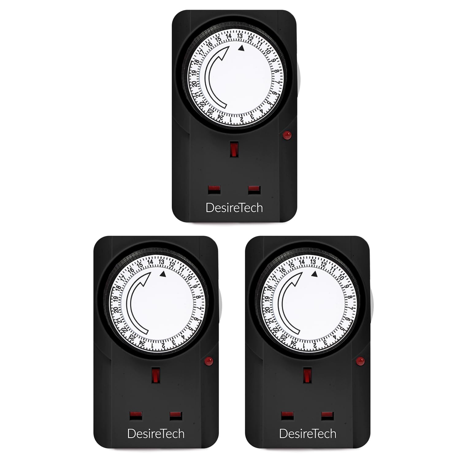 Desiretech Black Plug-In Timer Switch - 24 Hour Segment Timer - Controls Appliances Up To 3120W, Home Security Switch, Deters Burglars, Automatic On/Off, Ideal For Christmas Lights (3 Pack)