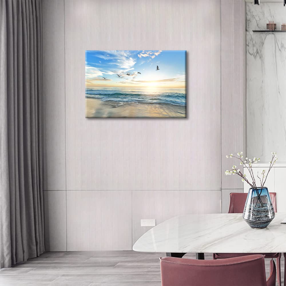 Canvas Prints Wall Art Beach Sunset Ocean Waves Seagulls Nature Pictures Stretched Canvas Wooden Framed for living Room Bedroom and Office 16x24inch — view 4