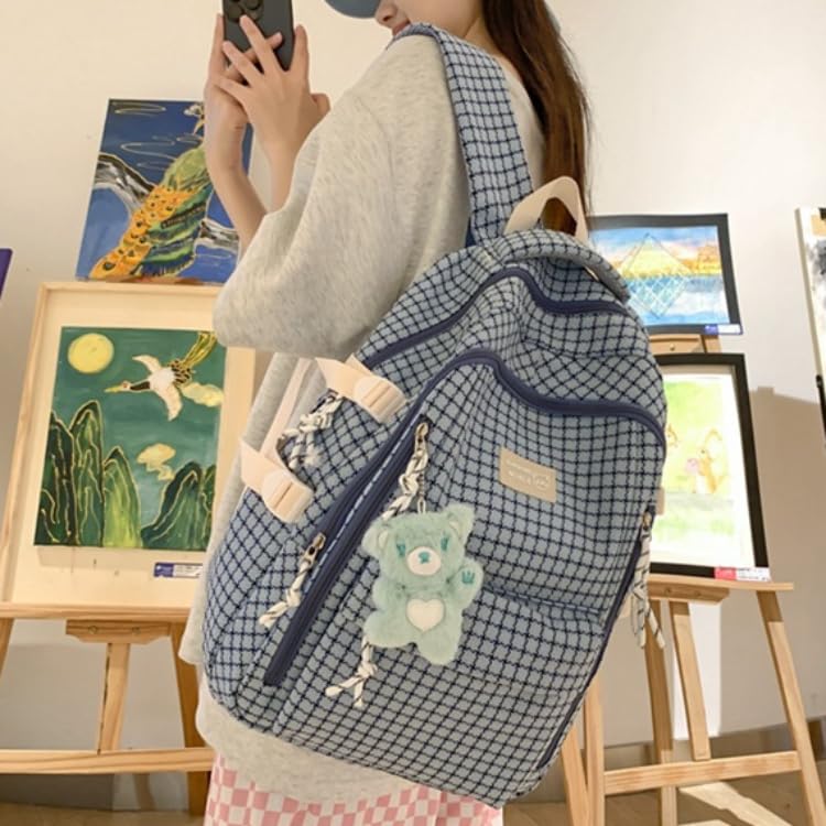 Kawaii Backpack with Cute Accessories Plaid Book Bag Aesthetic Backpack Casual Daypack Checkered Preppy Backpack (Blue,One Size)2