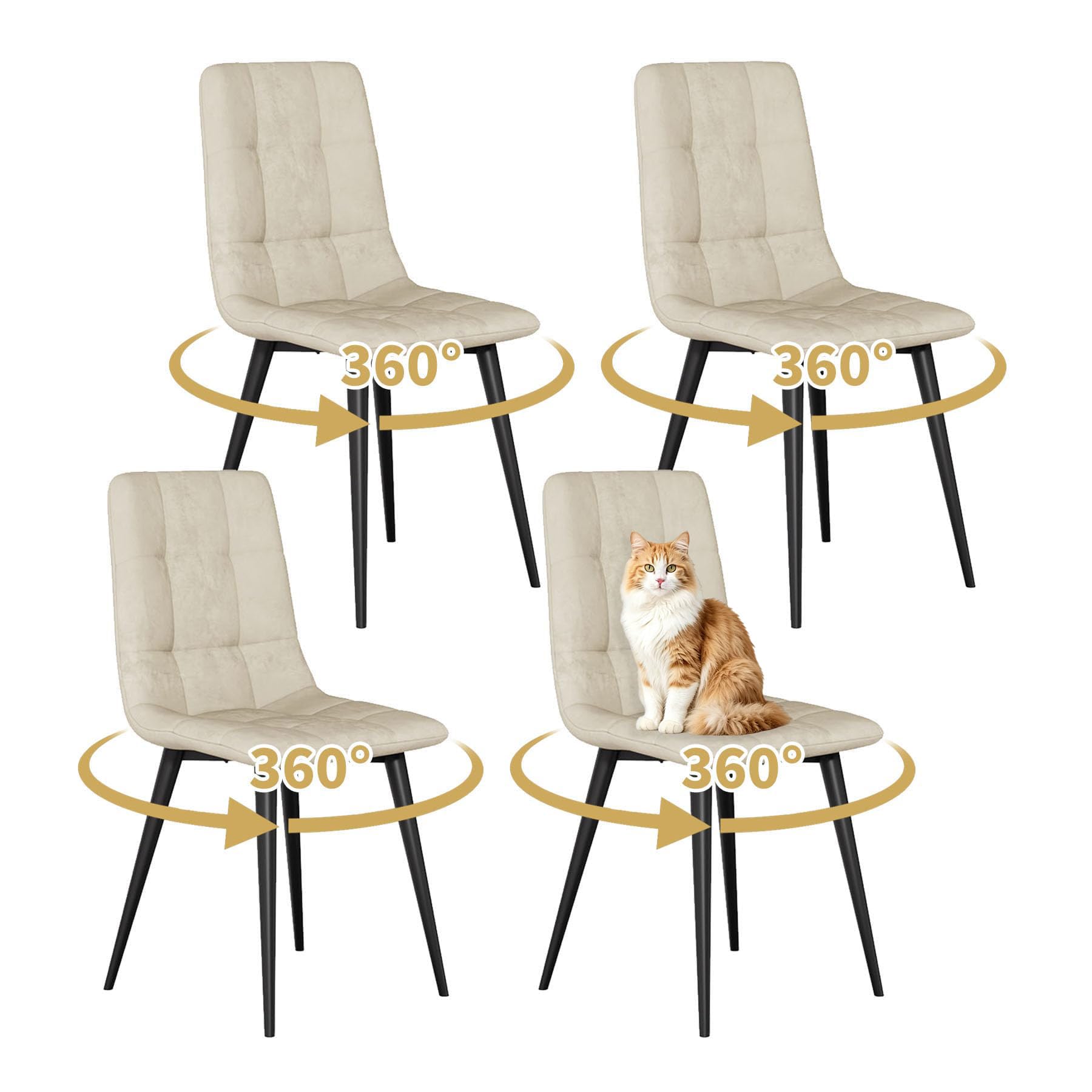 JMGJOY Swivel Dining Chairs Set of 4 Velvet Modern Upholstered kitchen Chairs 360° Rotating Dining Room Chair Max.120kg Metal Legs Padded Seat Backrest for Living Room Bedroom, Beige