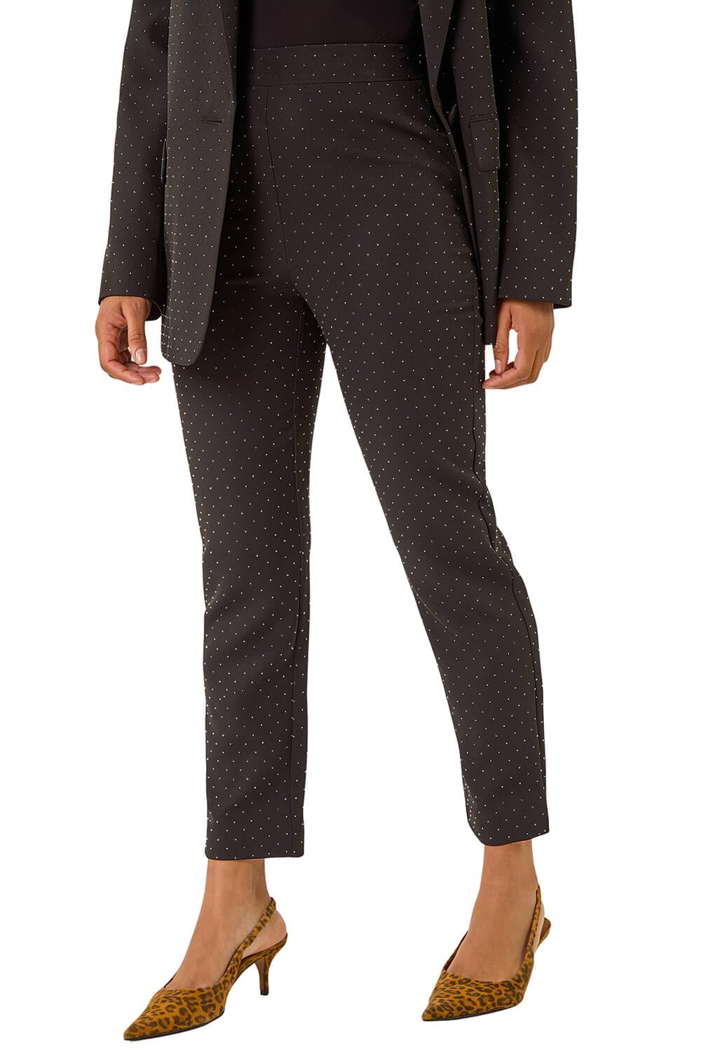 Roman Originals Diamante Stretch Trousers for Women UK - Ladies Everyday Autumn Winter Comfy Soft Evening Vacation Work Party Night Out - Black - Size 8