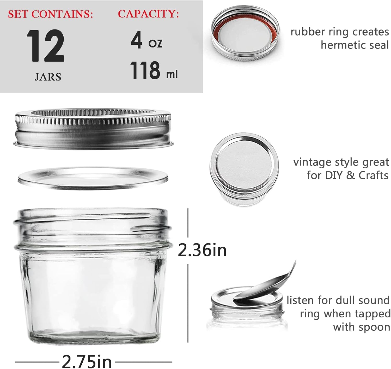 Small Mason Jars 4 oz - 12 Pack Glass Canning Jars with Regular Airtight Lids and Bands, Mini Clear Mason Jars for Preserving, Honey, Jam, Baby Food, Kitchen Spices, Tea, DIY Projects, Dishwasher Safe : Home & Kitchen