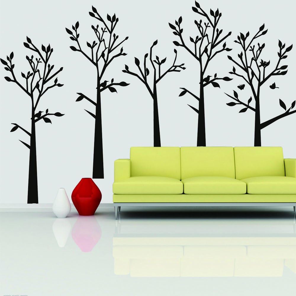 Set of 5 Birch Tree Wall Decal for Nursery Big Tree Wall Sticker Fliying birds Wall