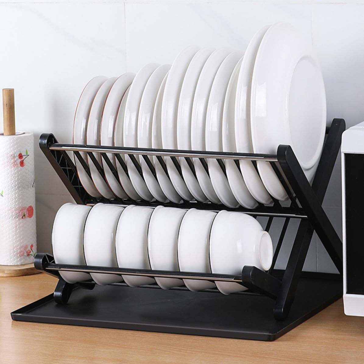 USHOBE Escurreplatos Plegable Negro de Pp y Acero Inoxidable, Compacto y Fácil de Almacenar para Cocina y Restaurante, Soporte Práctico para Organizar Platos