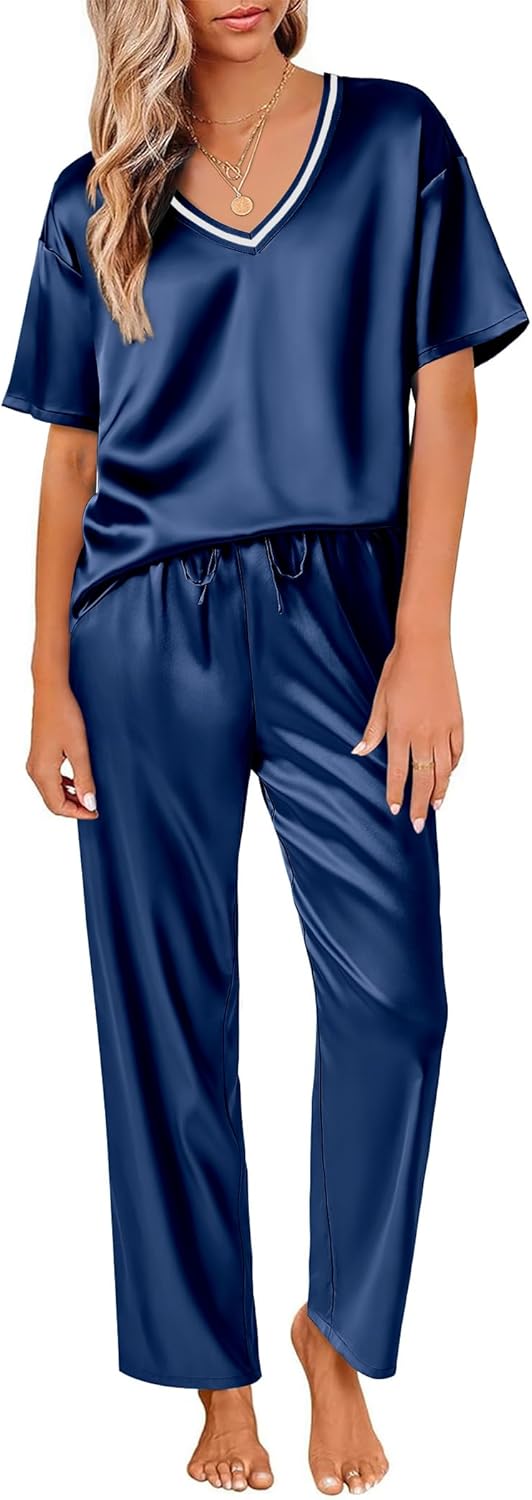 Ekouaer Satin Pajama Set for Women Short Sleeve Silky Pjs 2 Piece Lounge Sets Soft Comfy Sleepwear Loungewear S-XXL